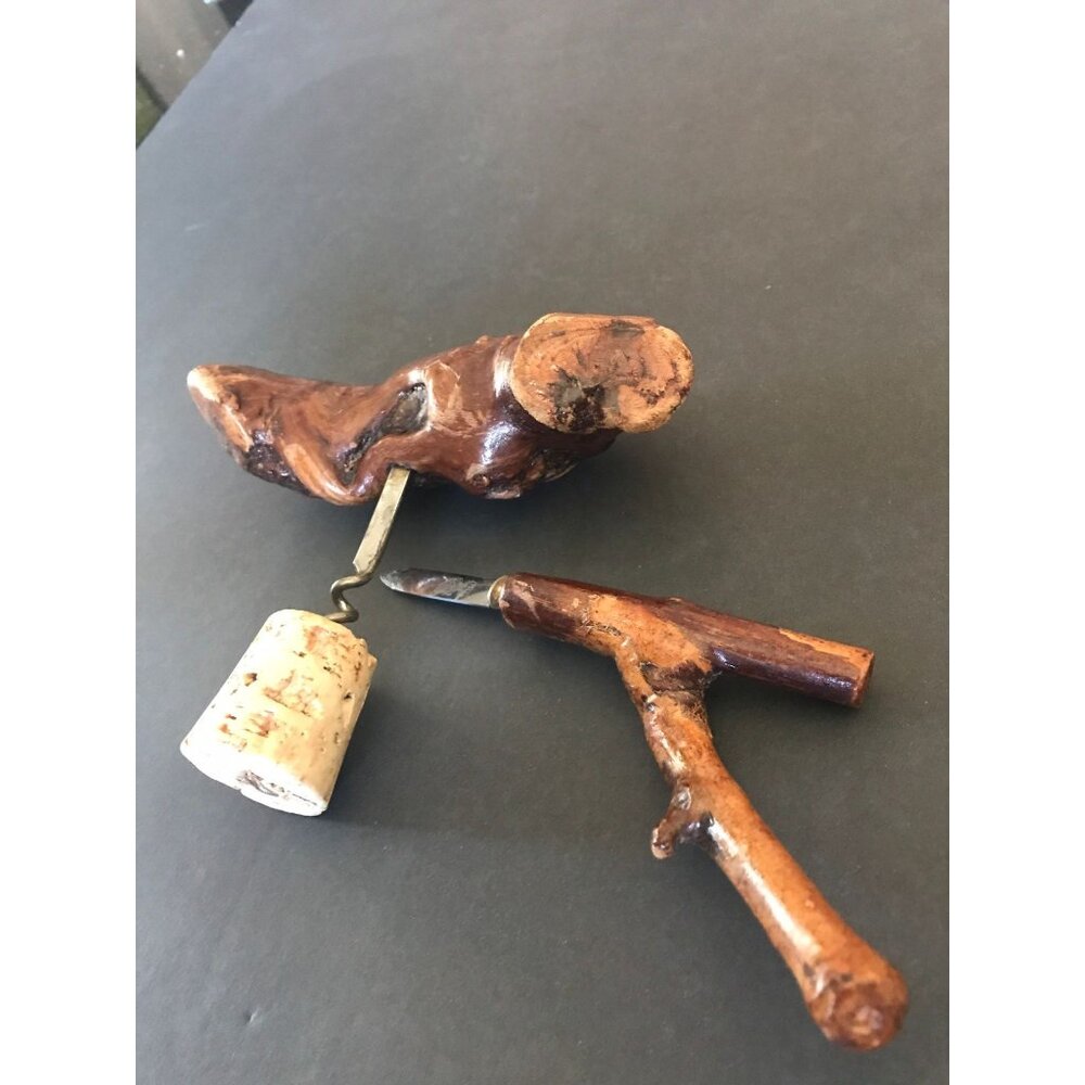 Vtg 1960's Grape Wood Handle Cork Screw & Wood Handle Wine Foil Knife Matching